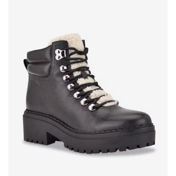 NEW Marc Fisher LTD Black Leather Nairy Hiking Boots, Sz 7M (JJ) - Picture 1 of 8
